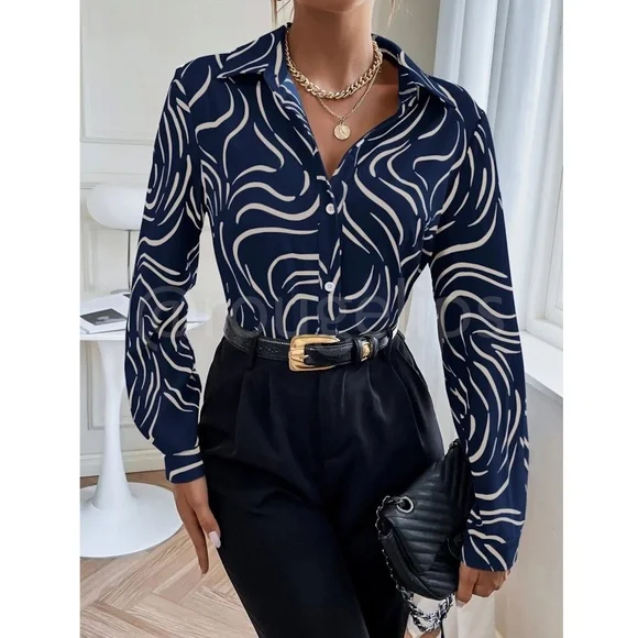 Abstract Print Button Down Collared Long Sleeve Dress Shirt Top Navy Blue - Picture 6 of 8